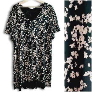 PENNINGTONS Button Down V-Neck Floral Print Tunic Top Black & Pink Sz 2X
